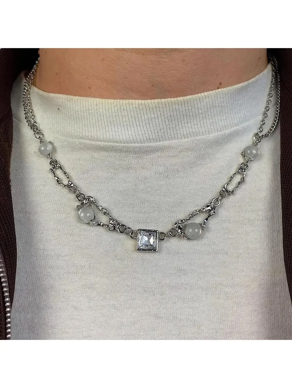 Cyber y2k 2000s style Glass style Opal futuristic necklace. 18.5-20.5 inches len